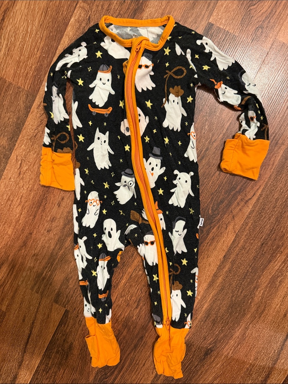 Little Sleepies Black Ghost Print Footed One-Piece with Orange Trim